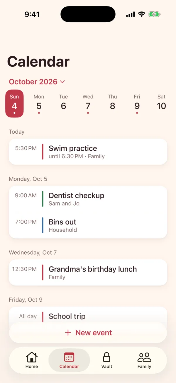 Fam’s calendar: swim practice today, the dentist and bins out tomorrow.