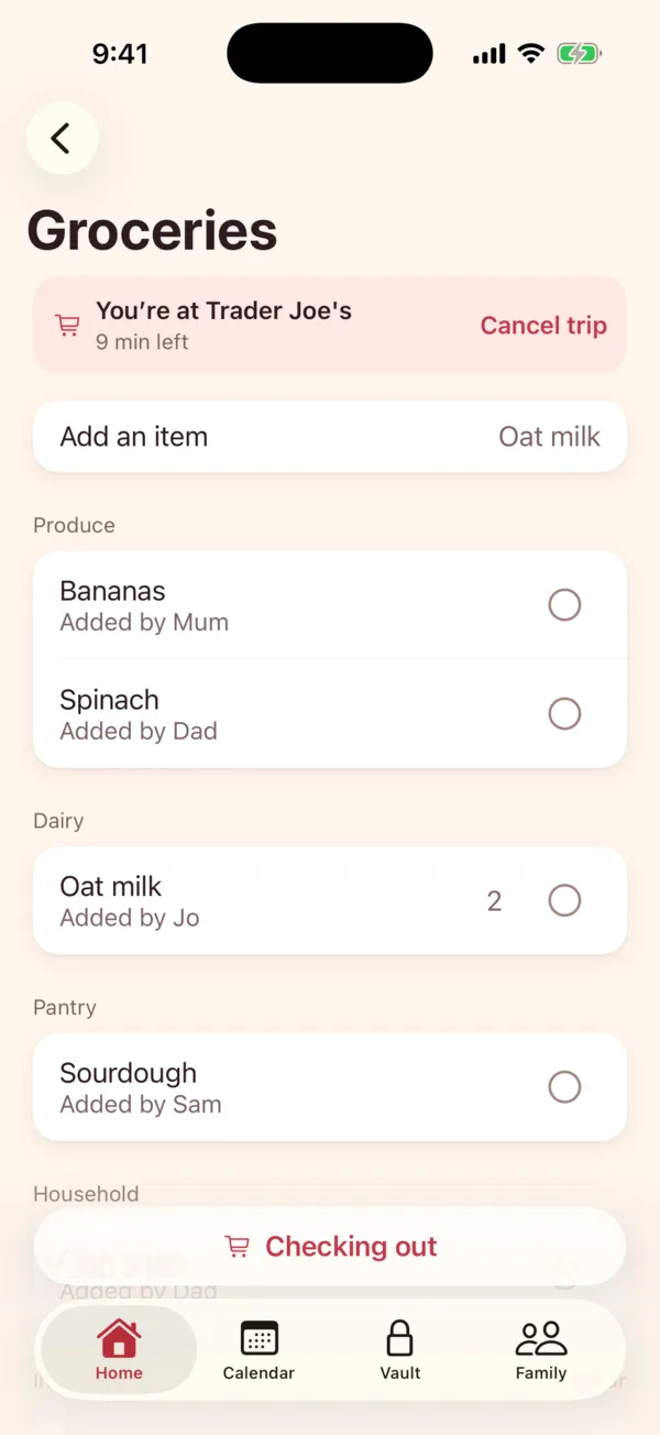 A shopping list in Fam during a trip to the store, with nine minutes left to add things.