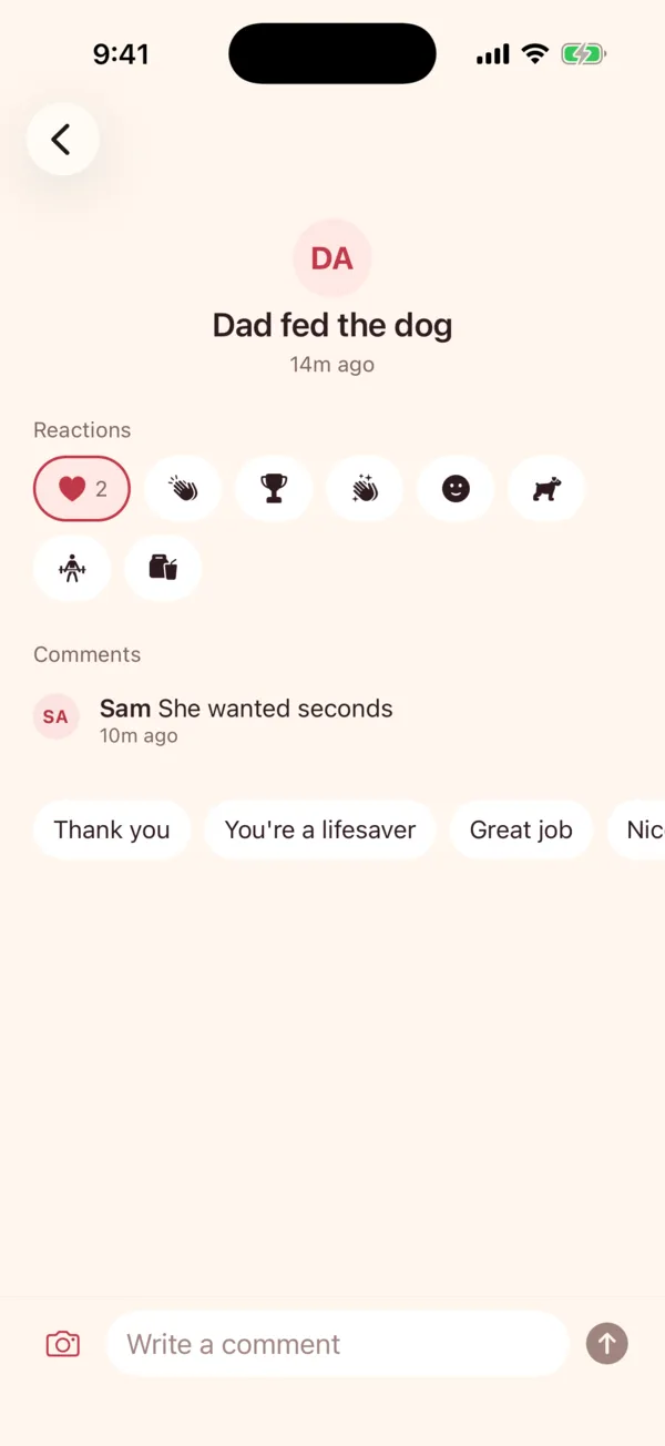 A post in Fam: Dad fed the dog, with two hearts and a comment from Sam.